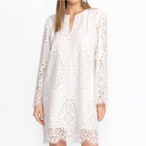 Jade by Johnny Was Cotton Embroidered Eyelet Shift Mini Long Sleeve Dress S